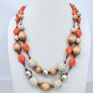 Arthur Pepper Vintage Necklace Double Strand Wood Stone Coral‎ Bead Mid Mod